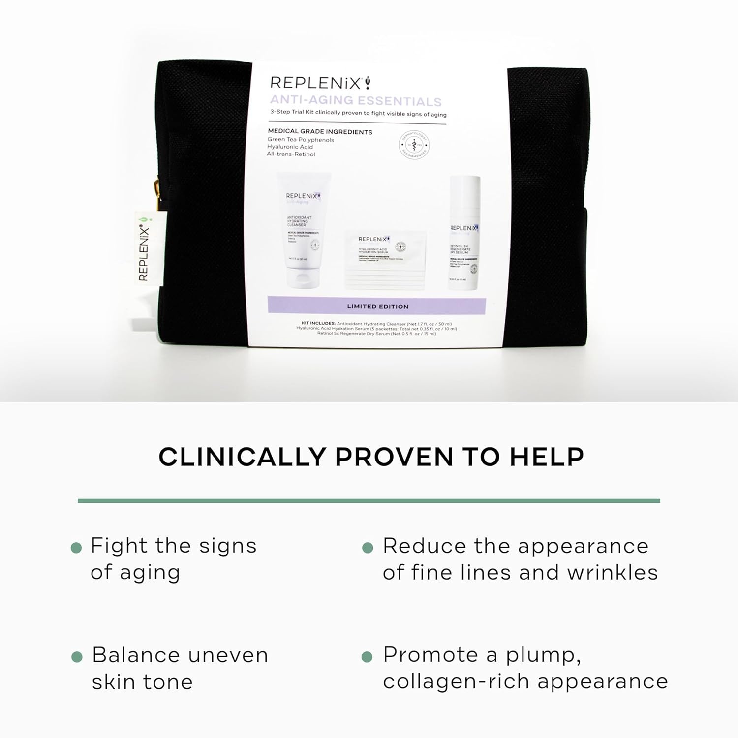 image:imageReplenix AntiAging Essentials 3 Step Trial Kit TravelSize Skincare Products for Mature Skin Hyaluronic Acid Serum Hydrating Cleanser Retinol Serum Cruelty and Paraben free