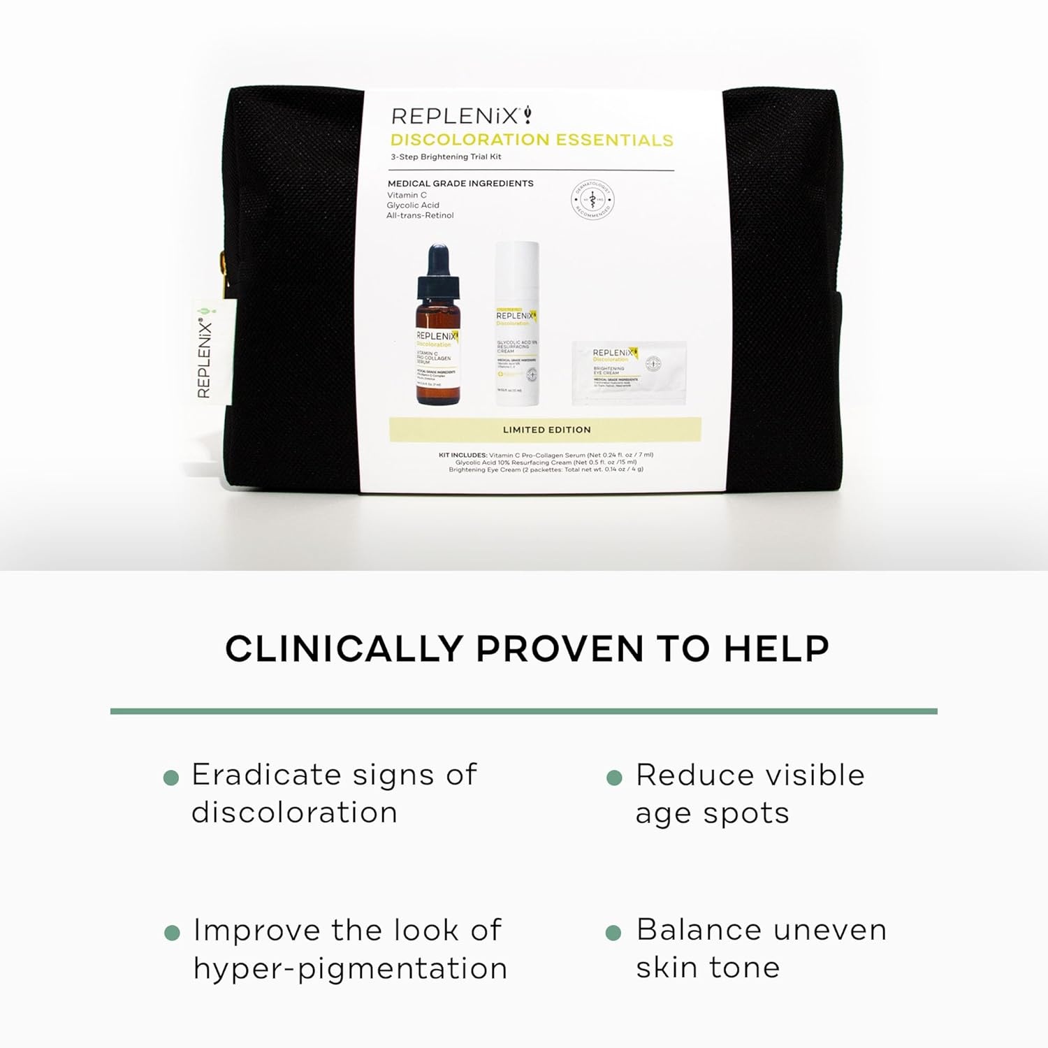 image:imageReplenix Discoloration Essentials 3 Step Brightening MedicalGrade Trial Kit Set Includes TravelSize Glycolic Acid Resurfacing Cream Vitamin C Pro Collagen Serum Brightening Eye Cream