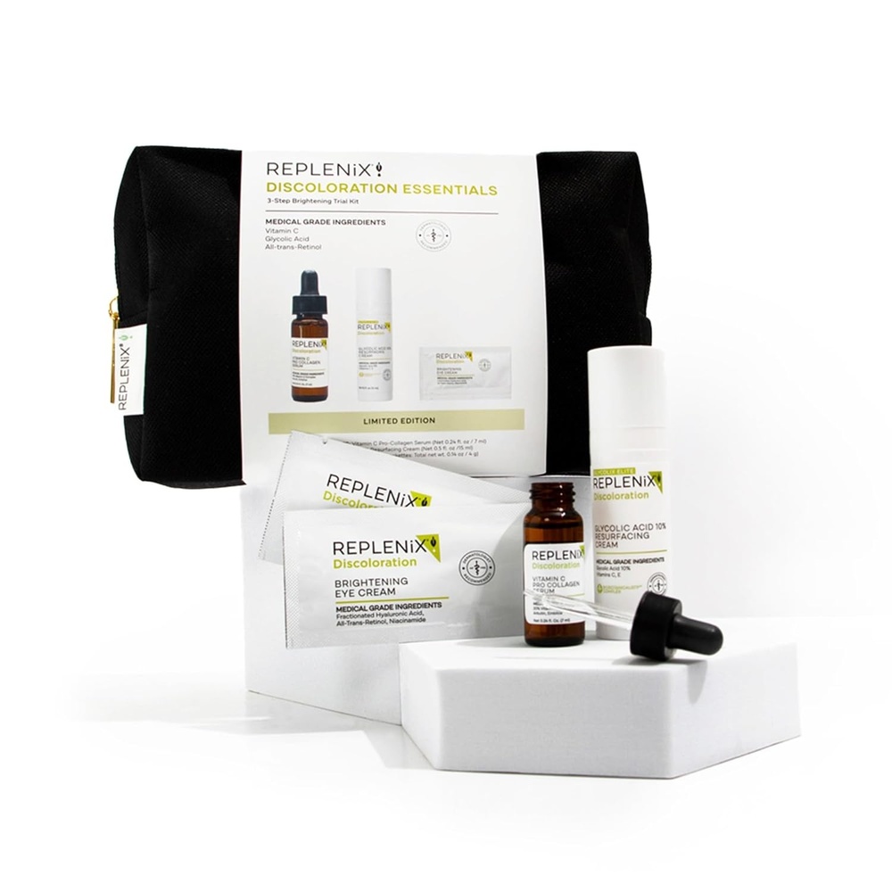 image:imageReplenix Discoloration Essentials 3 Step Brightening MedicalGrade Trial Kit Set Includes TravelSize Glycolic Acid Resurfacing Cream Vitamin C Pro Collagen Serum Brightening Eye Cream